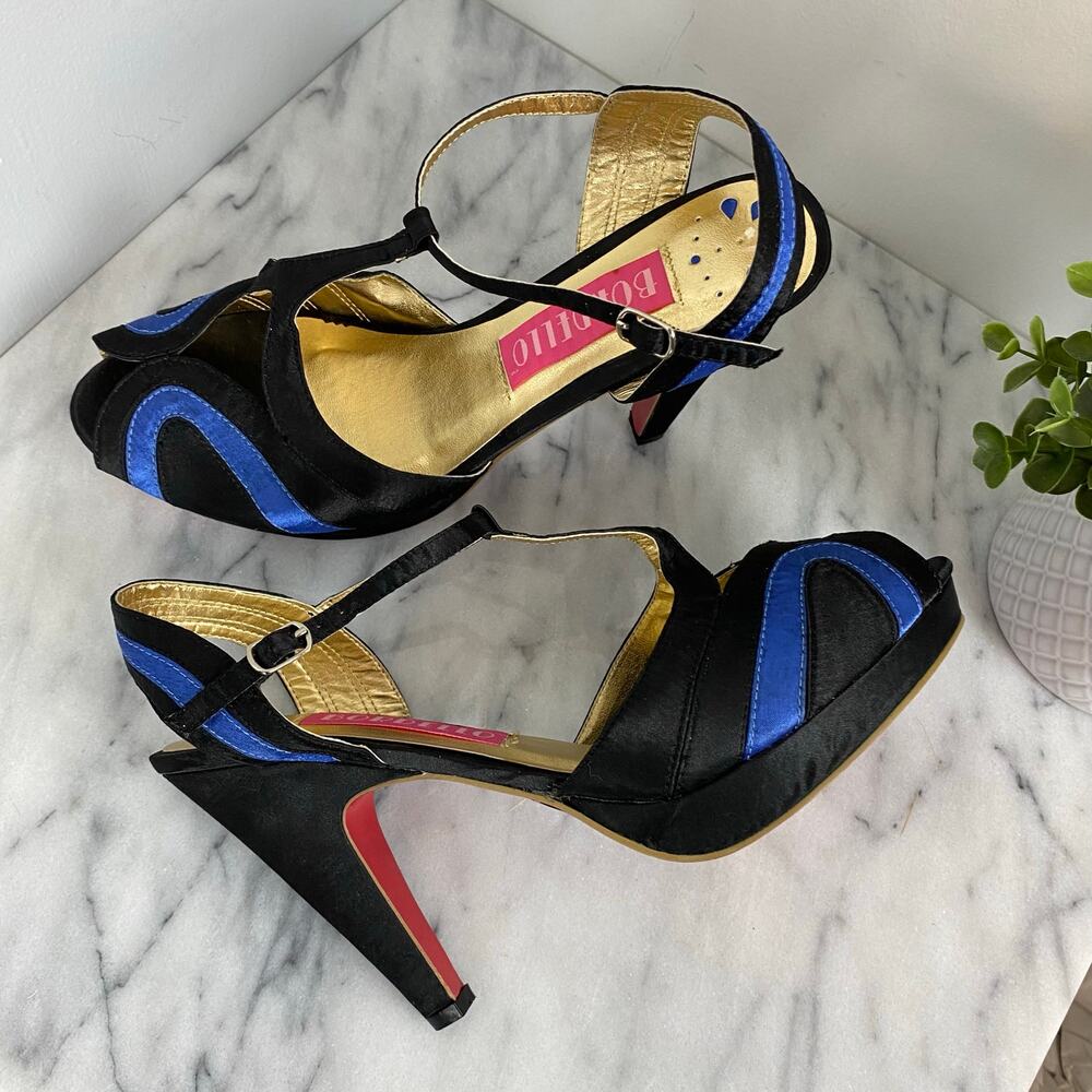 Bordello Giggle 02 Black Blue Satin T Strap Peep Toe Heel Pump Pinup Size 10 New - Picture 2 of 9